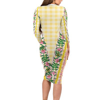 Hawaii Pikake Lokelani Plumeria Lei Family Matching Long Sleeve Bodycon Dress and Hawaiian Shirt Yellow Palaka Motifs