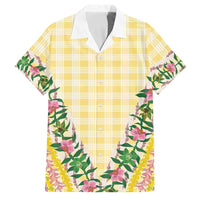 Hawaii Pikake Lokelani Plumeria Lei Family Matching Mermaid Dress and Hawaiian Shirt Yellow Palaka Motifs