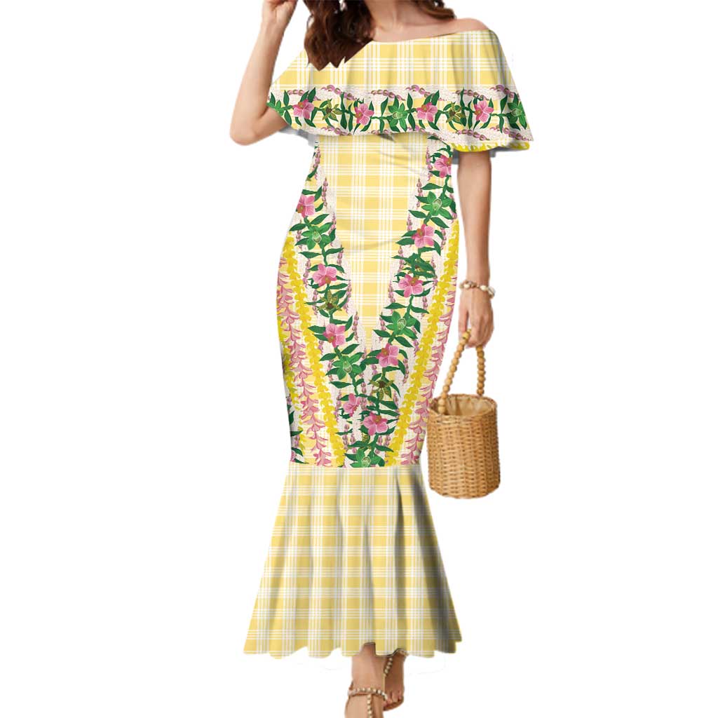 Hawaii Pikake Lokelani Plumeria Lei Family Matching Mermaid Dress and Hawaiian Shirt Yellow Palaka Motifs
