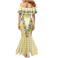 Hawaii Pikake Lokelani Plumeria Lei Family Matching Mermaid Dress and Hawaiian Shirt Yellow Palaka Motifs