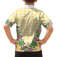 Hawaii Pikake Lokelani Plumeria Lei Family Matching Off The Shoulder Long Sleeve Dress and Hawaiian Shirt Yellow Palaka Motifs