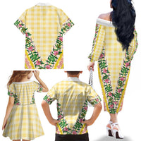 Hawaii Pikake Lokelani Plumeria Lei Family Matching Off The Shoulder Long Sleeve Dress and Hawaiian Shirt Yellow Palaka Motifs