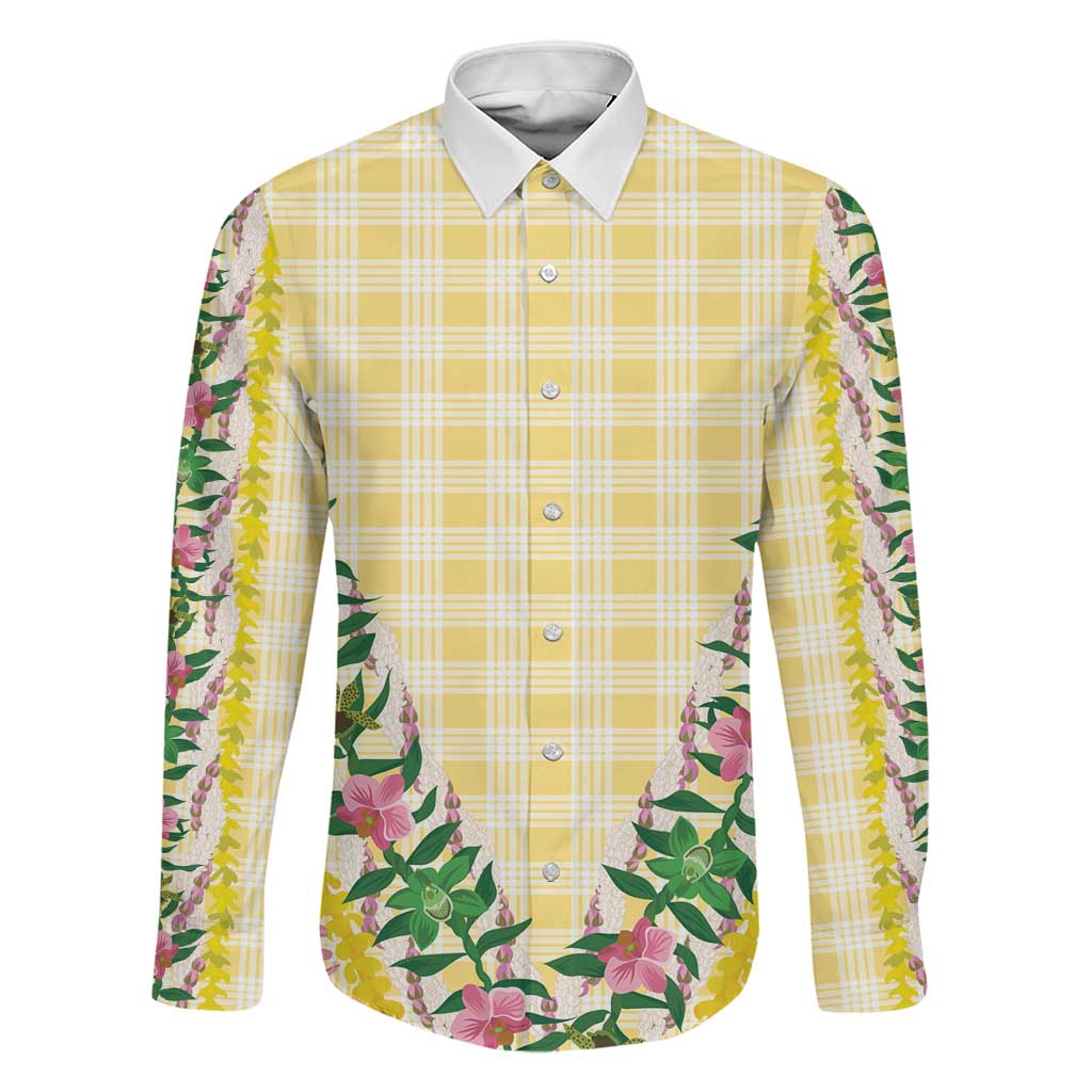 Hawaii Pikake Lokelani Plumeria Lei Family Matching Off The Shoulder Long Sleeve Dress and Hawaiian Shirt Yellow Palaka Motifs