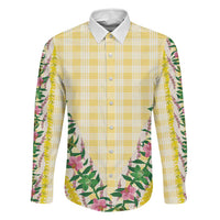 Hawaii Pikake Lokelani Plumeria Lei Family Matching Off The Shoulder Long Sleeve Dress and Hawaiian Shirt Yellow Palaka Motifs