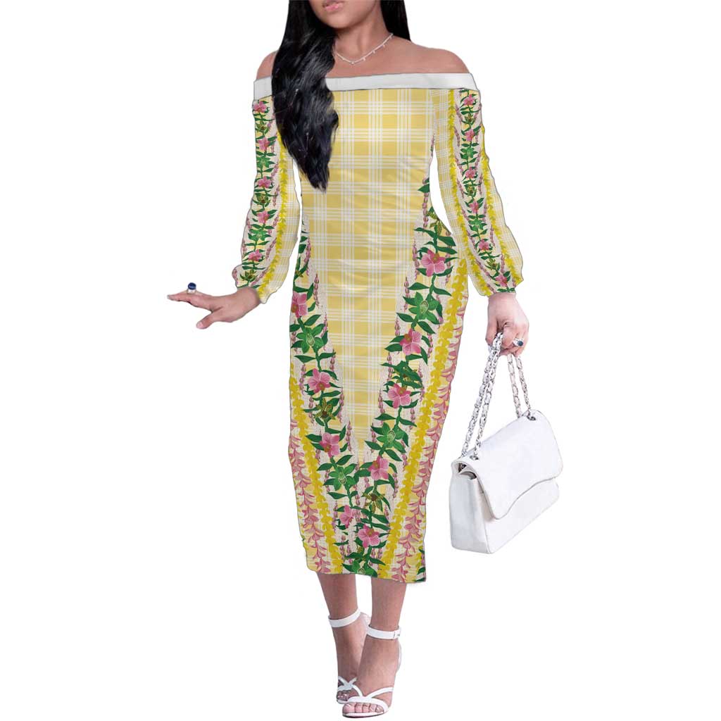 Hawaii Pikake Lokelani Plumeria Lei Family Matching Off The Shoulder Long Sleeve Dress and Hawaiian Shirt Yellow Palaka Motifs