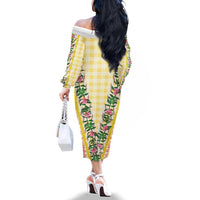 Hawaii Pikake Lokelani Plumeria Lei Family Matching Off The Shoulder Long Sleeve Dress and Hawaiian Shirt Yellow Palaka Motifs