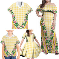Hawaii Pikake Lokelani Plumeria Lei Family Matching Off Shoulder Maxi Dress and Hawaiian Shirt Yellow Palaka Motifs