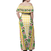Hawaii Pikake Lokelani Plumeria Lei Family Matching Off Shoulder Maxi Dress and Hawaiian Shirt Yellow Palaka Motifs