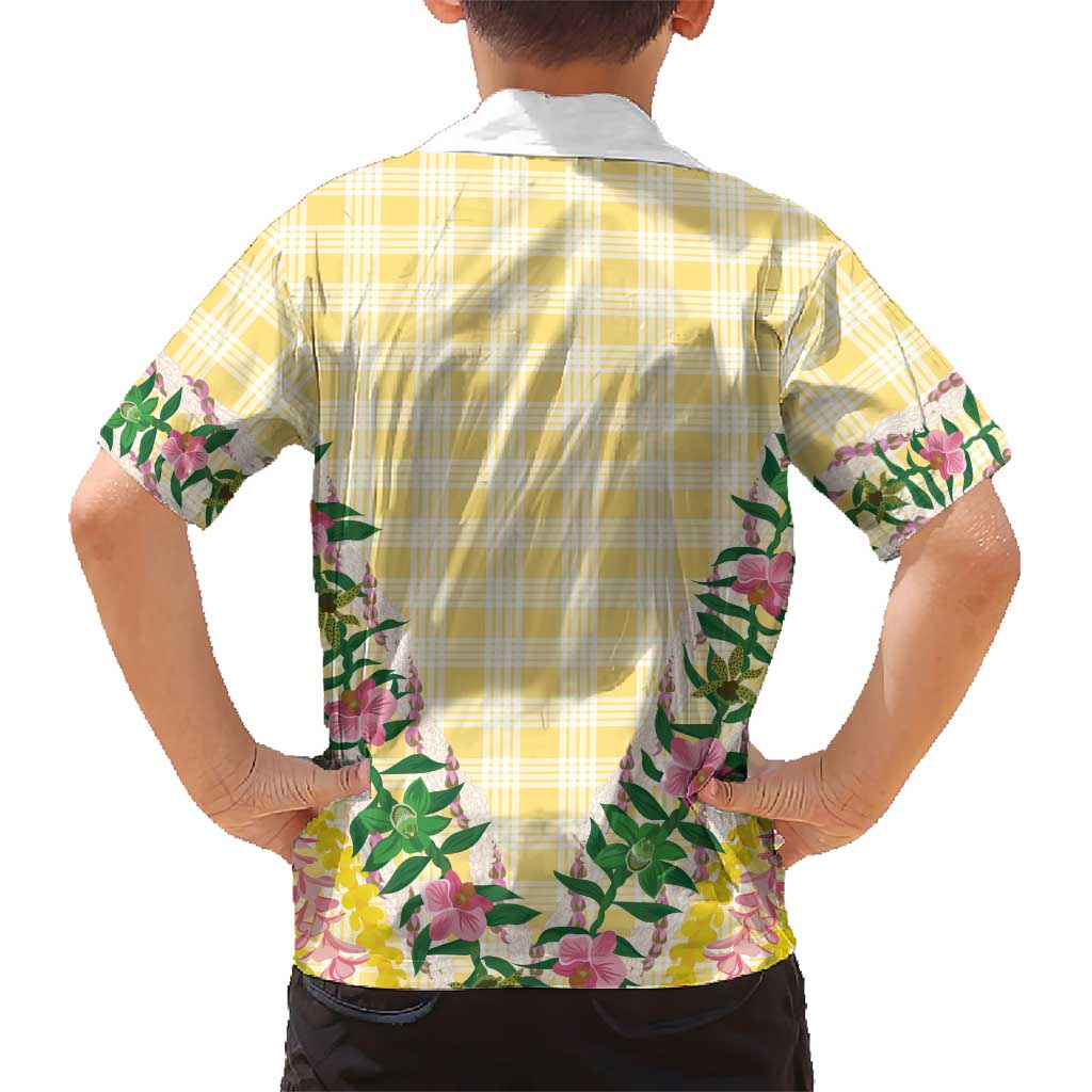 Hawaii Pikake Lokelani Plumeria Lei Family Matching Off Shoulder Short Dress and Hawaiian Shirt Yellow Palaka Motifs