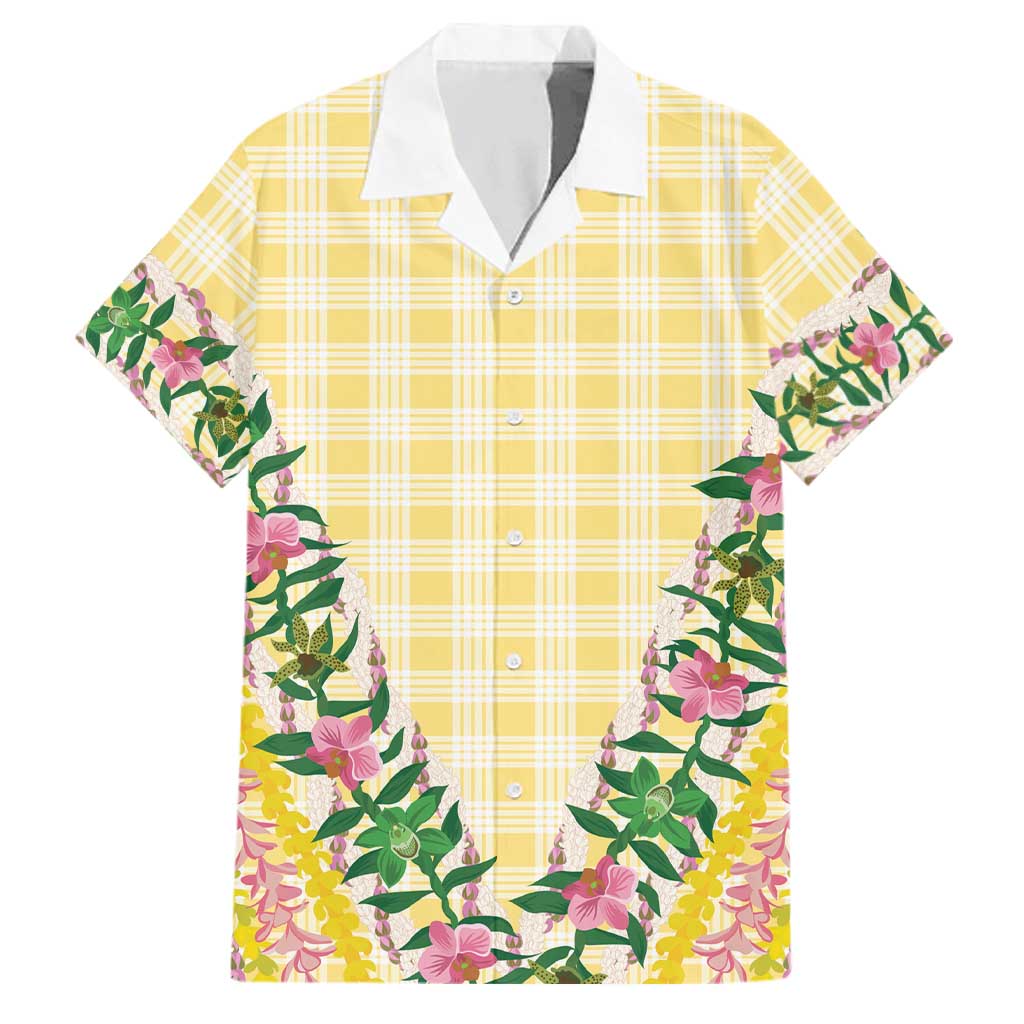 Hawaii Pikake Lokelani Plumeria Lei Family Matching Off Shoulder Short Dress and Hawaiian Shirt Yellow Palaka Motifs