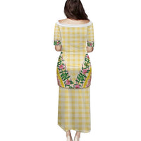 Hawaii Pikake Lokelani Plumeria Lei Family Matching Puletasi and Hawaiian Shirt Yellow Palaka Motifs