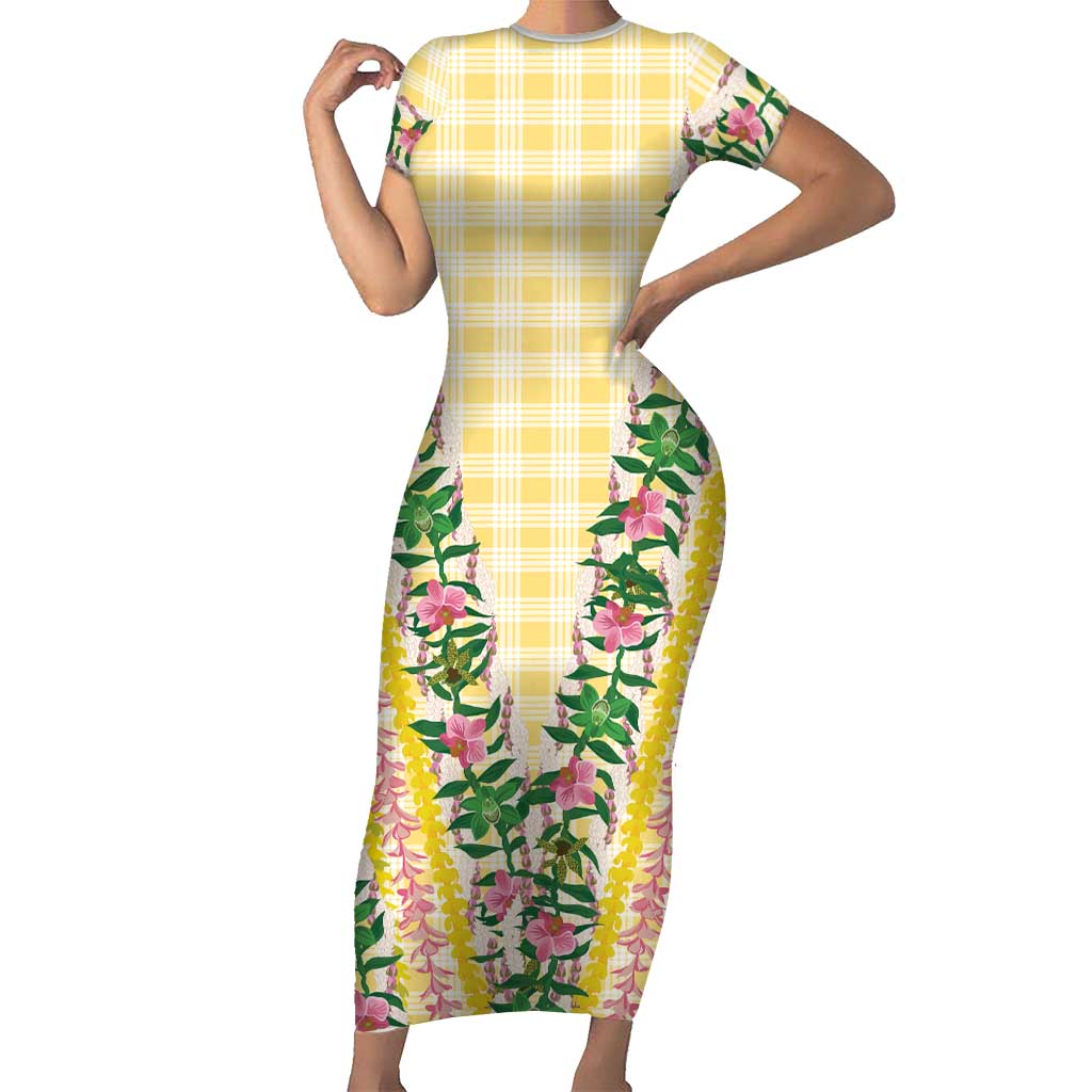 Hawaii Pikake Lokelani Plumeria Lei Family Matching Short Sleeve Bodycon Dress and Hawaiian Shirt Yellow Palaka Motifs