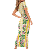Hawaii Pikake Lokelani Plumeria Lei Family Matching Short Sleeve Bodycon Dress and Hawaiian Shirt Yellow Palaka Motifs