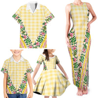 Hawaii Pikake Lokelani Plumeria Lei Family Matching Tank Maxi Dress and Hawaiian Shirt Yellow Palaka Motifs