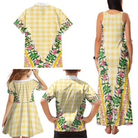 Hawaii Pikake Lokelani Plumeria Lei Family Matching Tank Maxi Dress and Hawaiian Shirt Yellow Palaka Motifs