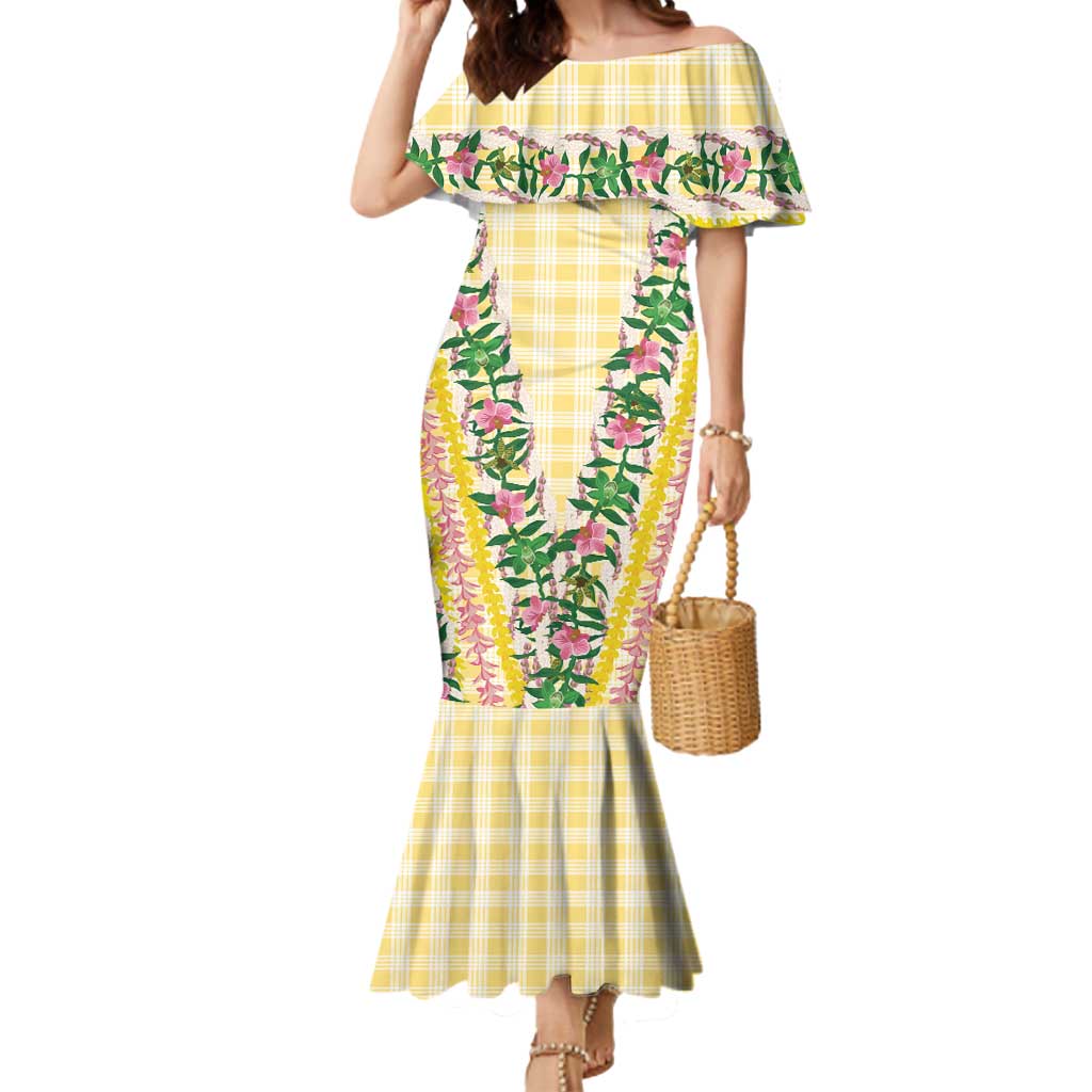 Hawaii Pikake Lokelani Plumeria Lei Mermaid Dress Yellow Palaka Motifs LT05 Women Yellow - Polynesian Pride