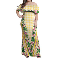 Hawaii Pikake Lokelani Plumeria Lei Off Shoulder Maxi Dress Yellow Palaka Motifs