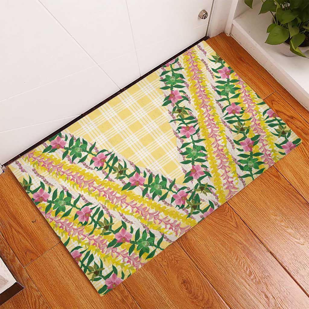 Hawaii Pikake Lokelani Plumeria Lei Rubber Doormat Yellow Palaka Motifs LT05 - Polynesian Pride
