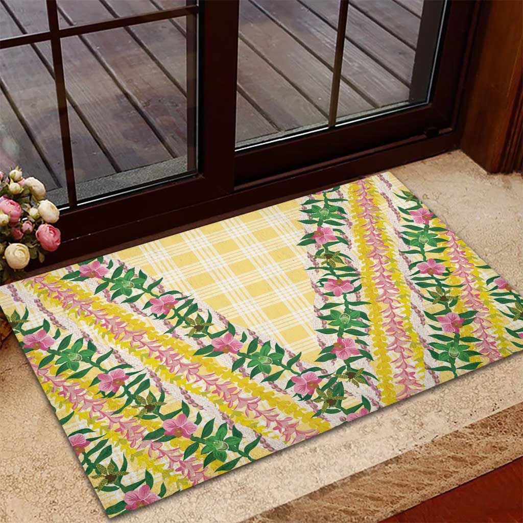 Hawaii Pikake Lokelani Plumeria Lei Rubber Doormat Yellow Palaka Motifs LT05 - Polynesian Pride