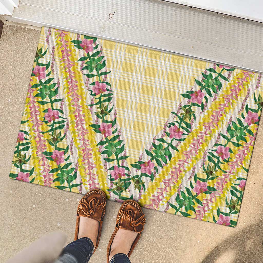 Hawaii Pikake Lokelani Plumeria Lei Rubber Doormat Yellow Palaka Motifs LT05 - Polynesian Pride