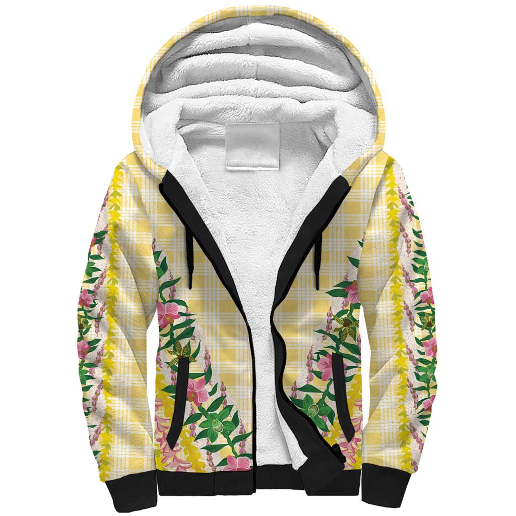 Hawaii Pikake Lokelani Plumeria Lei Sherpa Hoodie Yellow Palaka Motifs