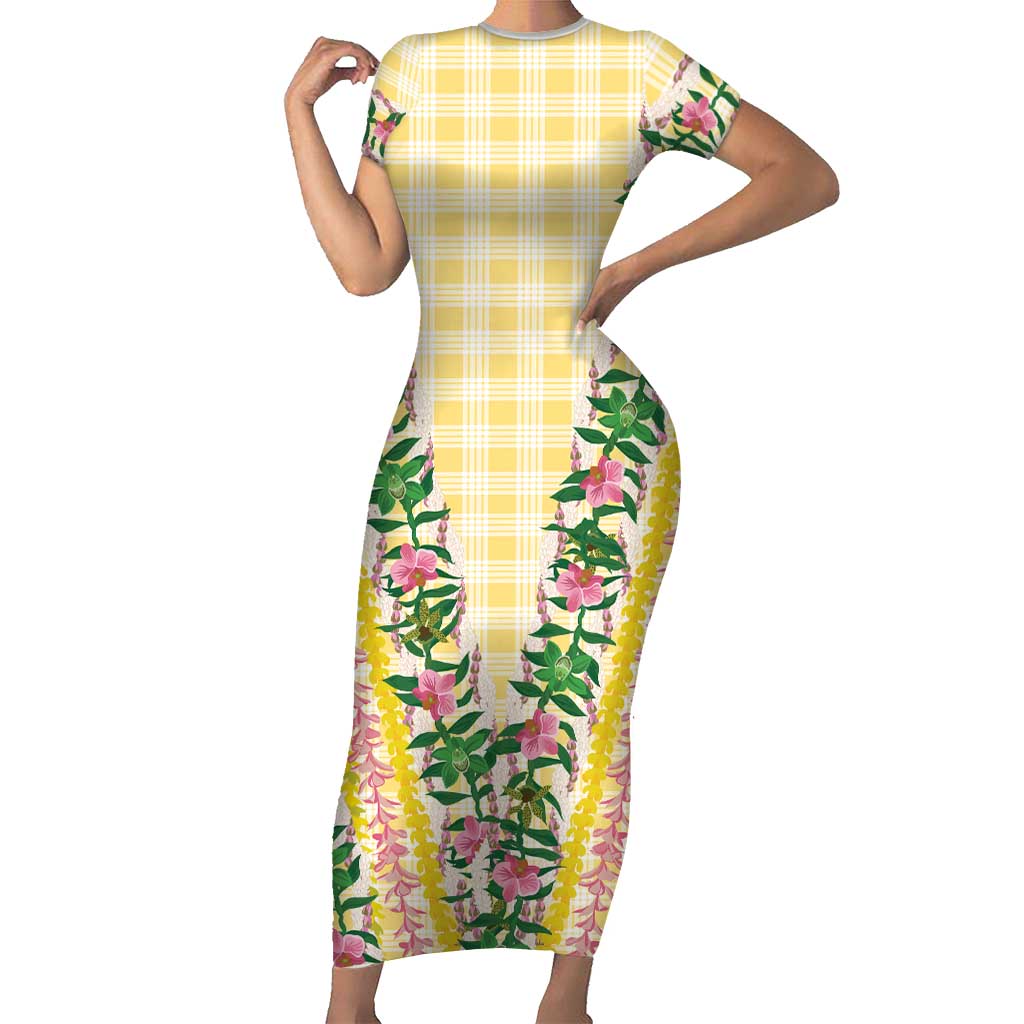 Hawaii Pikake Lokelani Plumeria Lei Short Sleeve Bodycon Dress Yellow Palaka Motifs