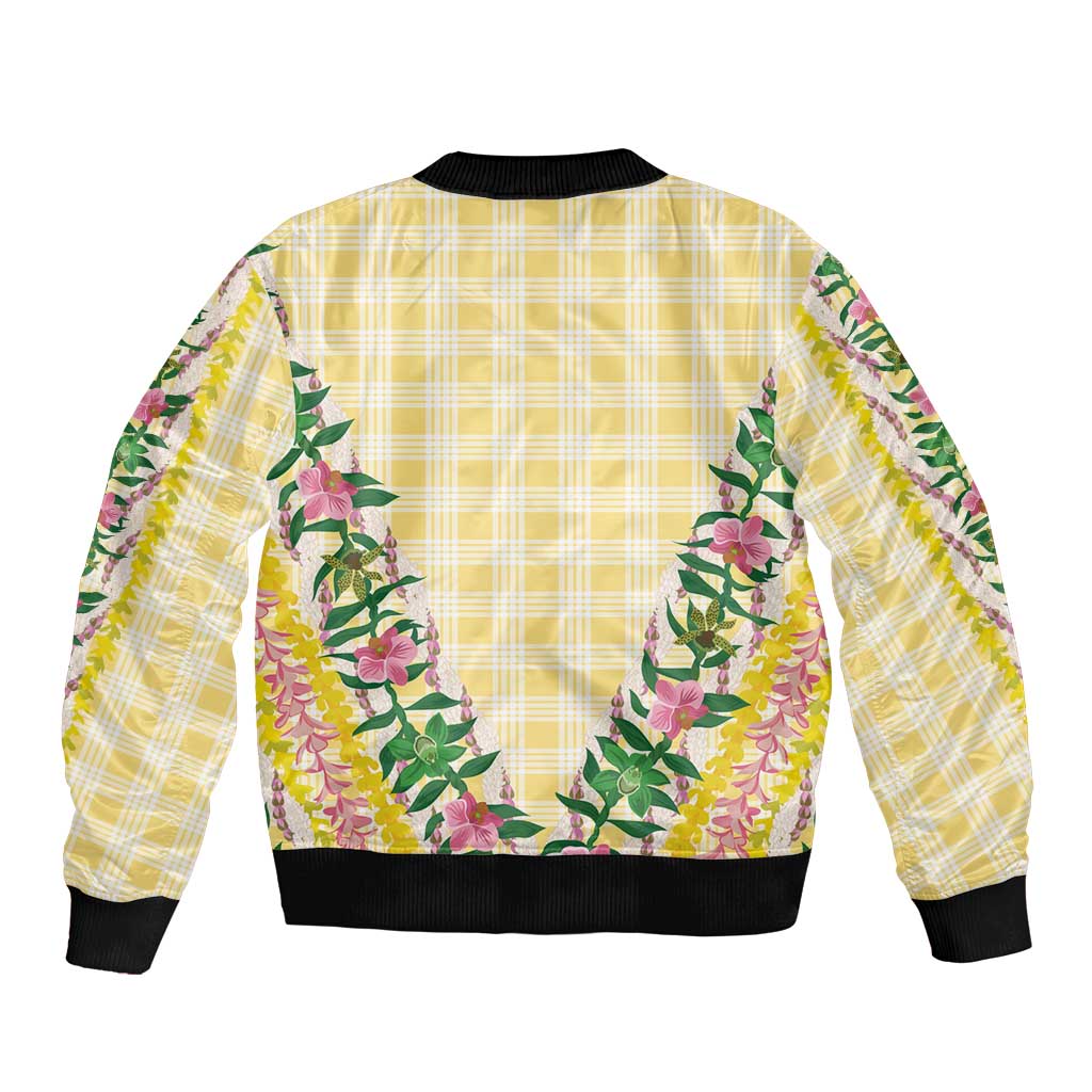 Hawaii Pikake Lokelani Plumeria Lei Sleeve Zip Bomber Jacket Yellow Palaka Motifs LT05 - Polynesian Pride