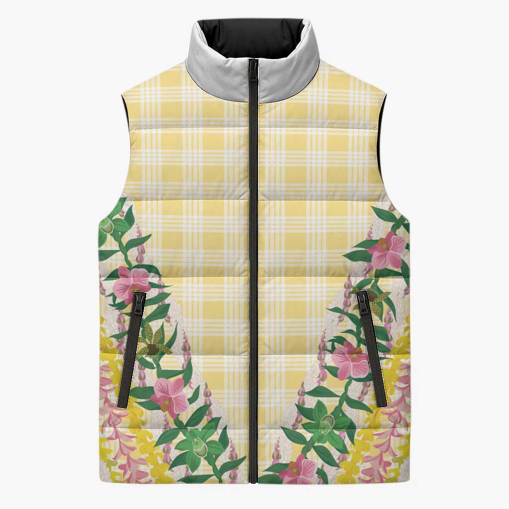 Hawaii Pikake Lokelani Plumeria Lei Sleeveless Puffer Jacket Yellow Palaka Motifs LT05 Unisex Yellow - Polynesian Pride