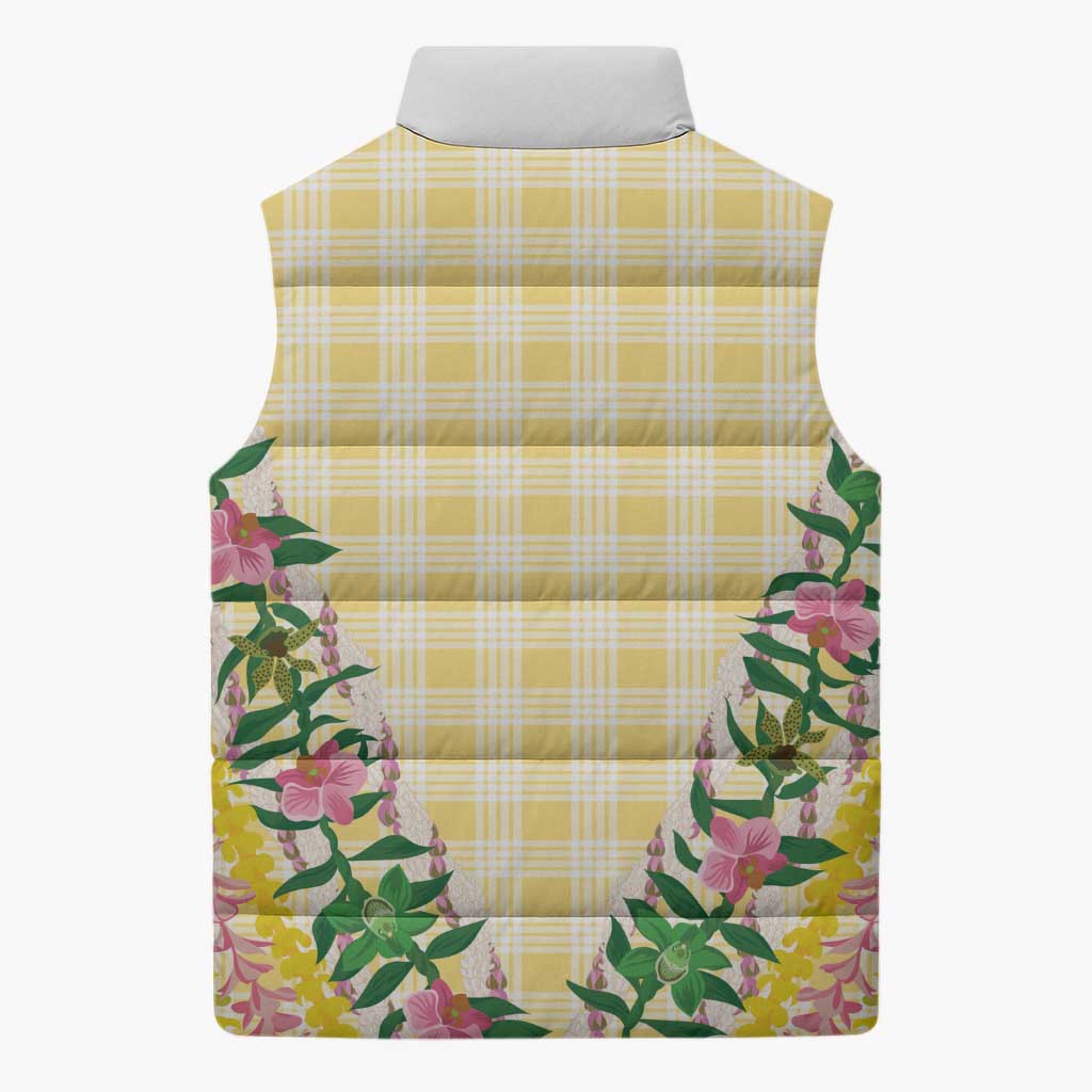 Hawaii Pikake Lokelani Plumeria Lei Sleeveless Puffer Jacket Yellow Palaka Motifs LT05 - Polynesian Pride