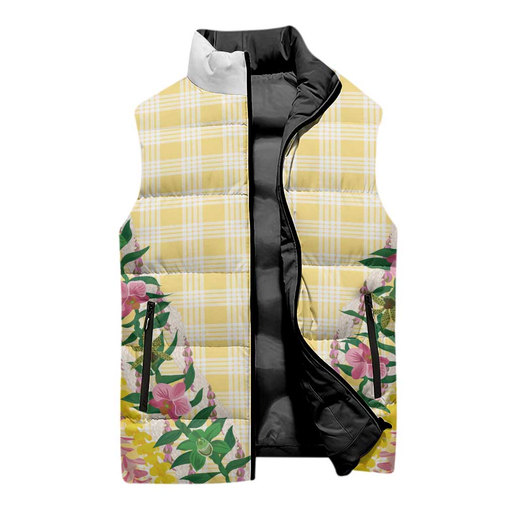 Hawaii Pikake Lokelani Plumeria Lei Sleeveless Puffer Jacket Yellow Palaka Motifs LT05 - Polynesian Pride
