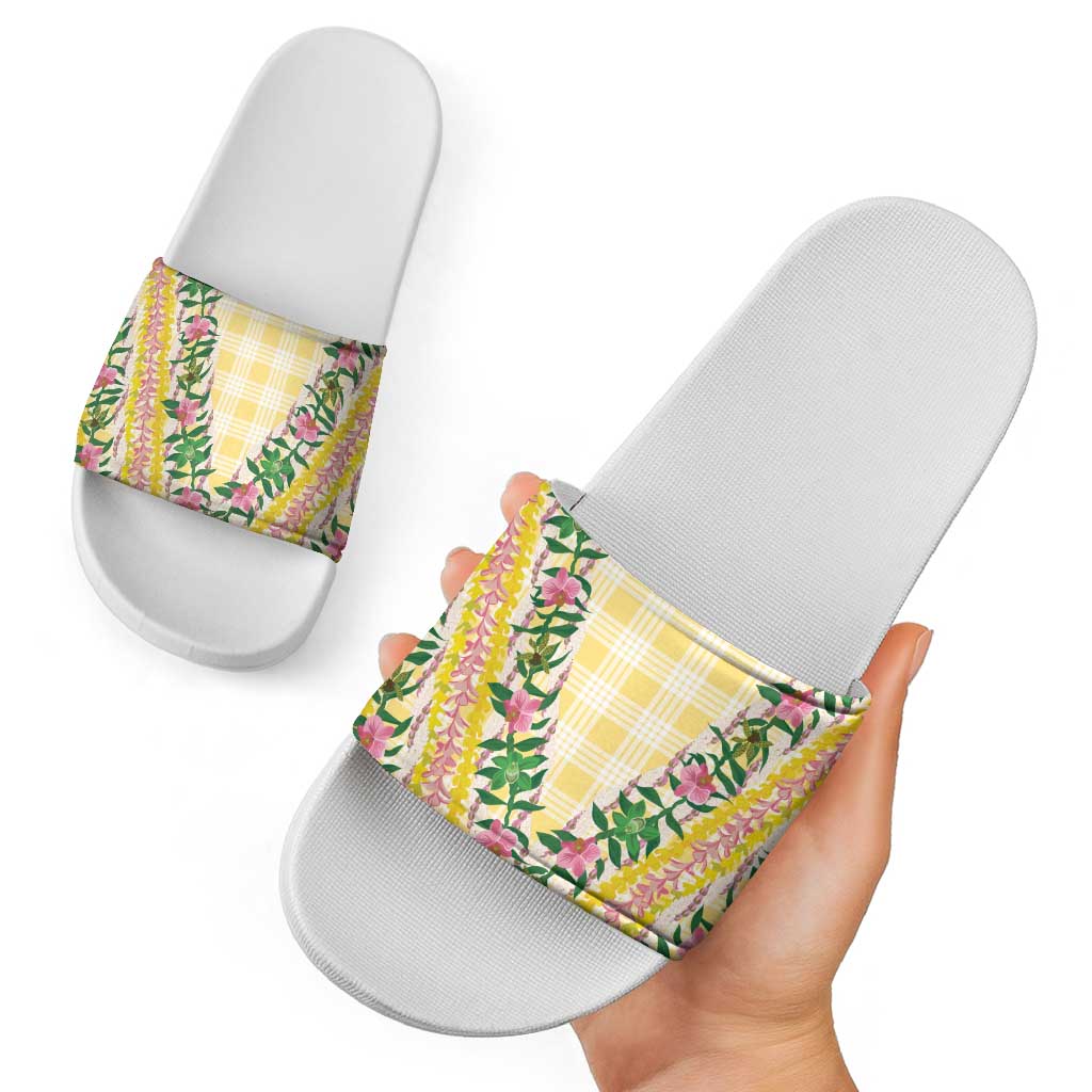 Hawaii Pikake Lokelani Plumeria Lei Slide Sandals Yellow Palaka Motifs LT05 - Polynesian Pride