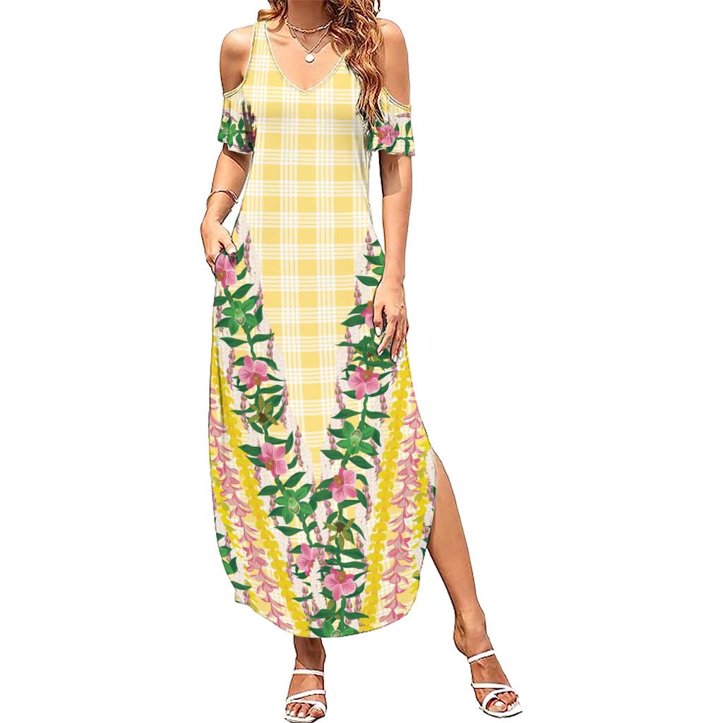Hawaii Pikake Lokelani Plumeria Lei Summer Maxi Dress Yellow Palaka Motifs LT05 Women Yellow - Polynesian Pride