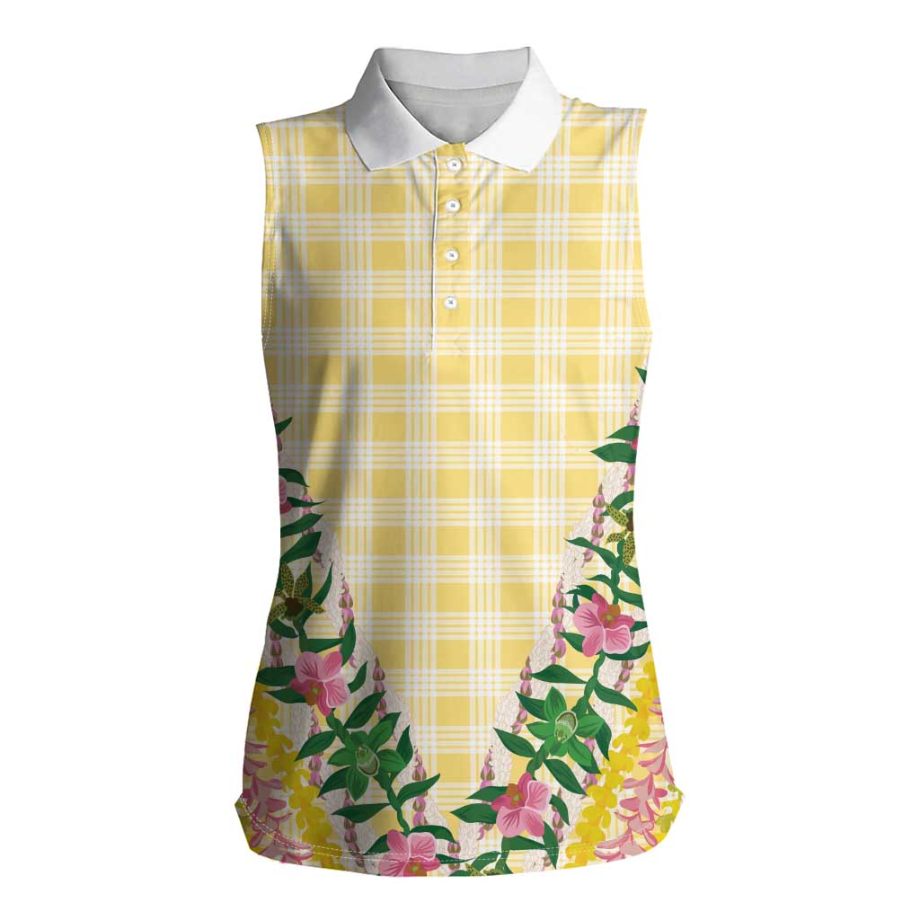 Hawaii Pikake Lokelani Plumeria Lei Women Sleeveless Polo Shirt Yellow Palaka Motifs