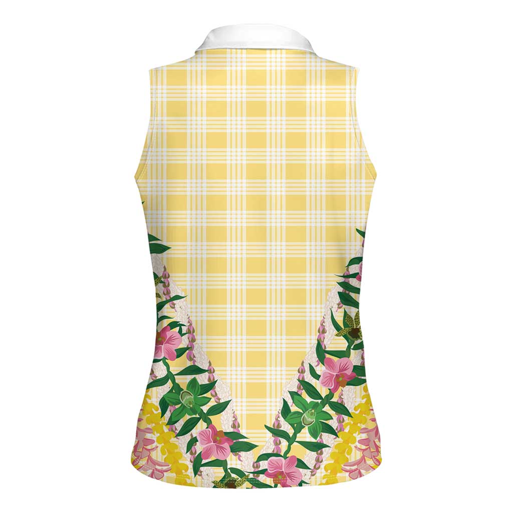 Hawaii Pikake Lokelani Plumeria Lei Women Sleeveless Polo Shirt Yellow Palaka Motifs
