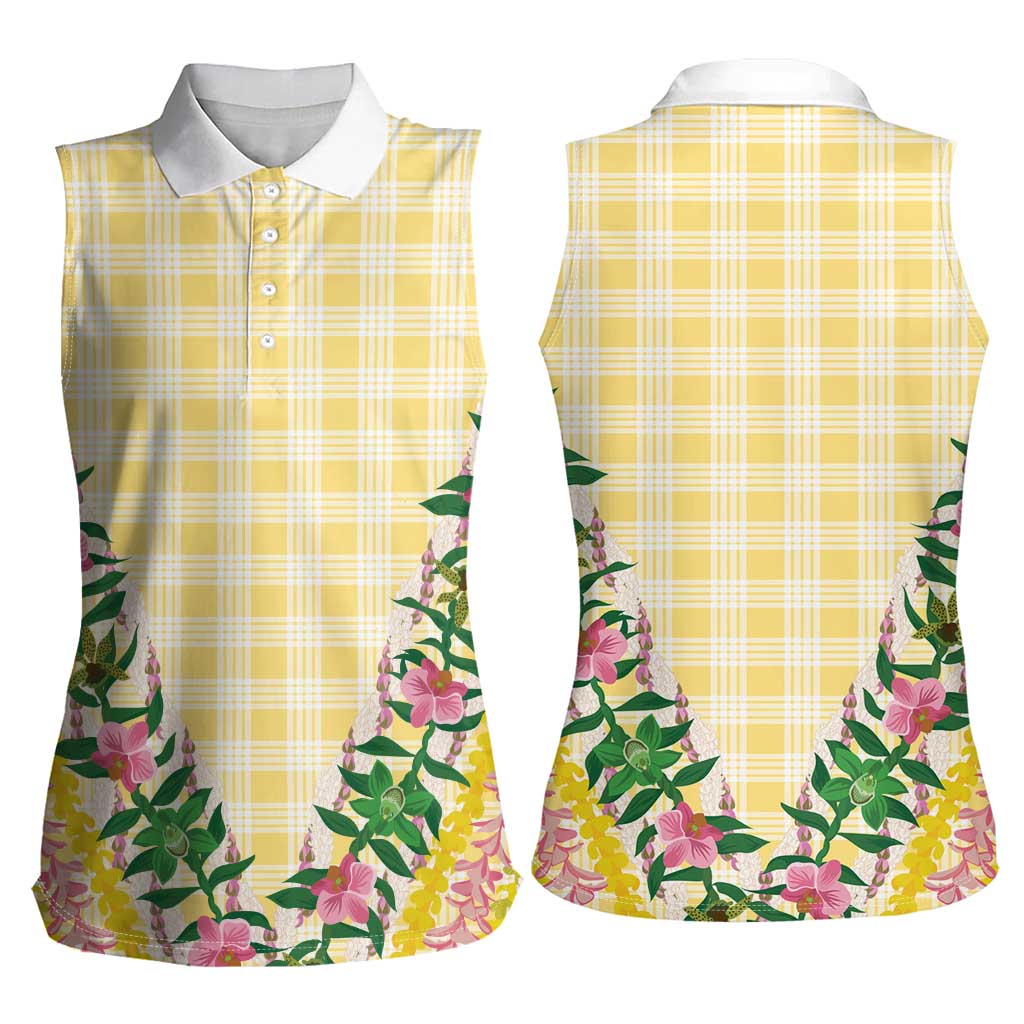 Hawaii Pikake Lokelani Plumeria Lei Women Sleeveless Polo Shirt Yellow Palaka Motifs