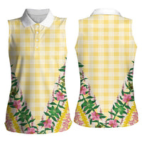 Hawaii Pikake Lokelani Plumeria Lei Women Sleeveless Polo Shirt Yellow Palaka Motifs