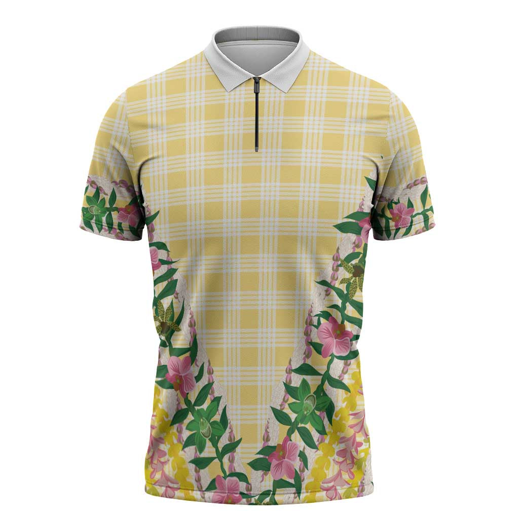 Hawaii Pikake Lokelani Plumeria Lei Zipper Polo Shirt Yellow Palaka Motifs