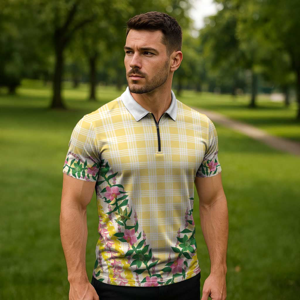 Hawaii Pikake Lokelani Plumeria Lei Zipper Polo Shirt Yellow Palaka Motifs