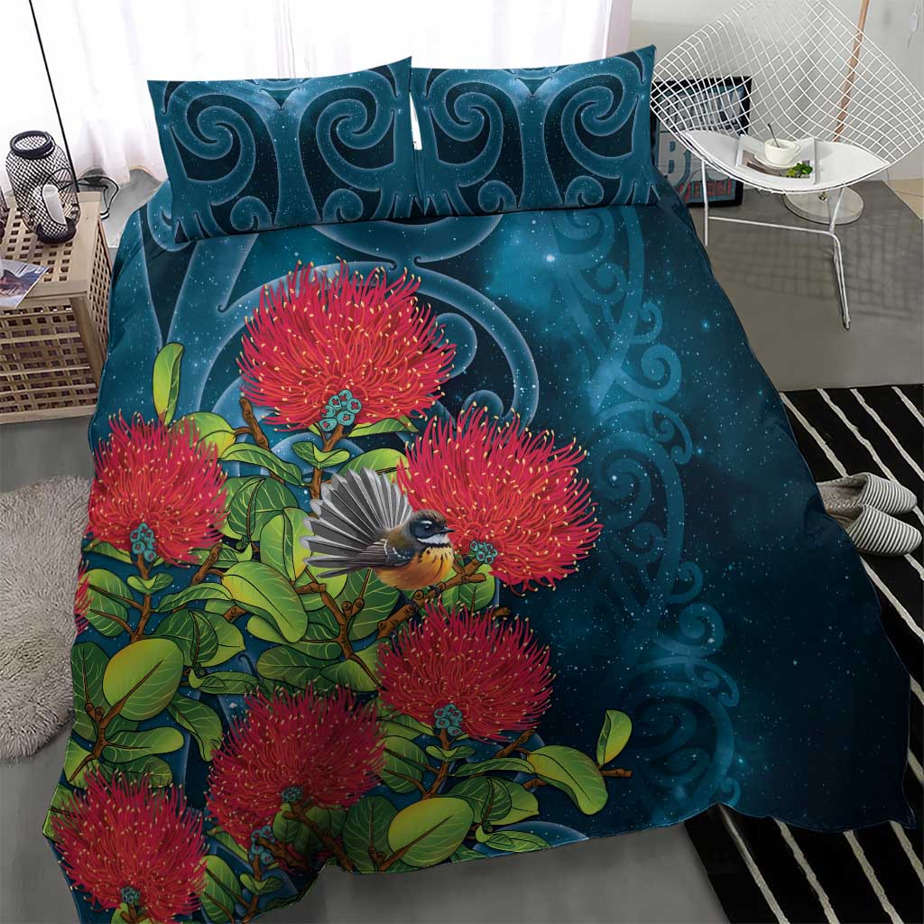 New Zealand Matariki Piwakawaka Bedding Set Maori Koru With Pohutukawa Flowers