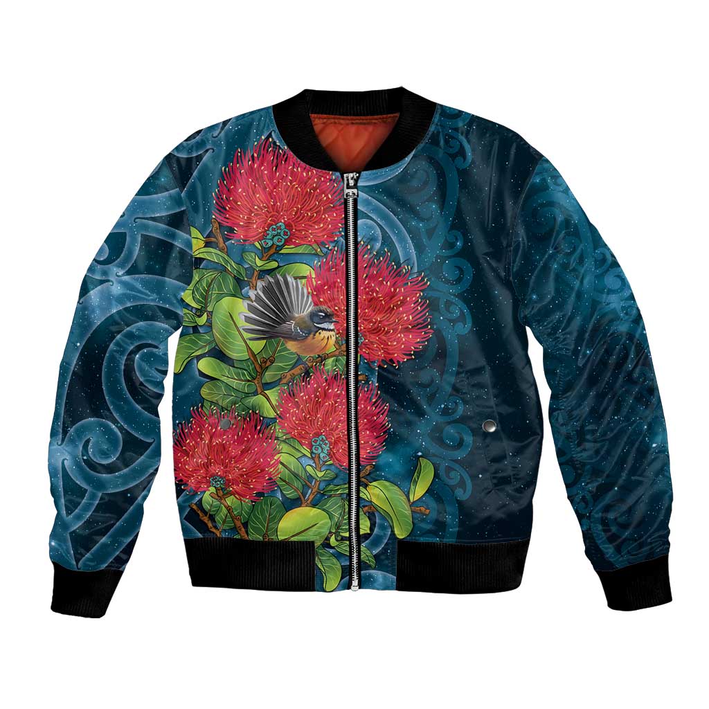 New Zealand Matariki Piwakawaka Bomber Jacket Maori Koru With Pohutukawa Flowers