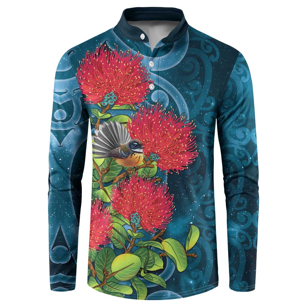 New Zealand Matariki Piwakawaka Button Sweatshirt Maori Koru With Pohutukawa Flowers