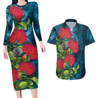 New Zealand Matariki Piwakawaka Couples Matching Long Sleeve Bodycon Dress and Hawaiian Shirt Maori Koru With Pohutukawa Flowers