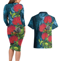 New Zealand Matariki Piwakawaka Couples Matching Long Sleeve Bodycon Dress and Hawaiian Shirt Maori Koru With Pohutukawa Flowers