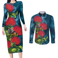 New Zealand Matariki Piwakawaka Couples Matching Long Sleeve Bodycon Dress and Long Sleeve Button Shirt Maori Koru With Pohutukawa Flowers