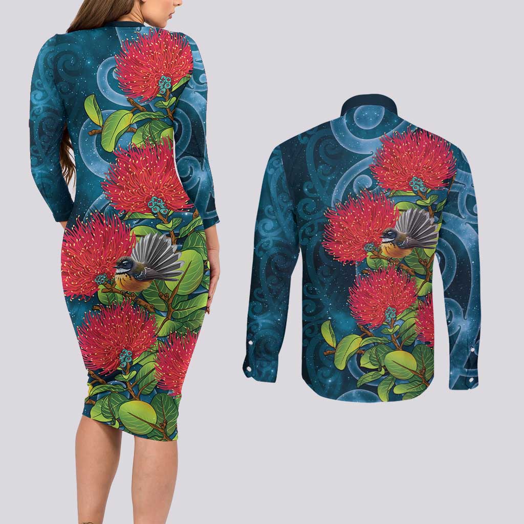 New Zealand Matariki Piwakawaka Couples Matching Long Sleeve Bodycon Dress and Long Sleeve Button Shirt Maori Koru With Pohutukawa Flowers