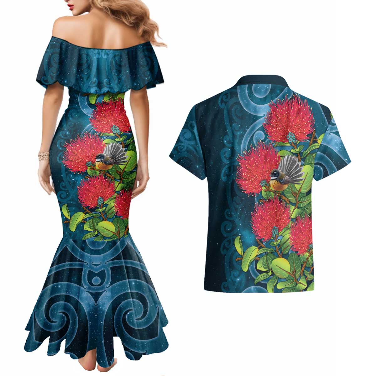 New Zealand Matariki Piwakawaka Couples Matching Mermaid Dress and Hawaiian Shirt Maori Koru With Pohutukawa Flowers