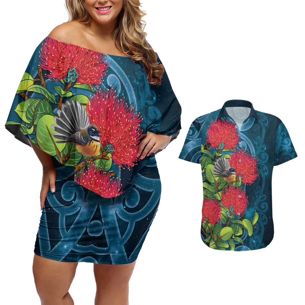 New Zealand Matariki Piwakawaka Couples Matching Off Shoulder Short Dress and Hawaiian Shirt Maori Koru With Pohutukawa Flowers