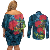 New Zealand Matariki Piwakawaka Couples Matching Off Shoulder Short Dress and Long Sleeve Button Shirt Maori Koru With Pohutukawa Flowers
