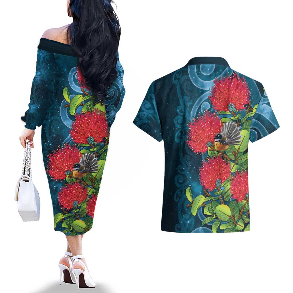 New Zealand Matariki Piwakawaka Couples Matching Off The Shoulder Long Sleeve Dress and Hawaiian Shirt Maori Koru With Pohutukawa Flowers