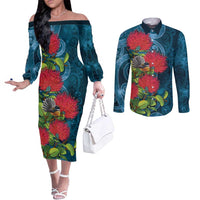 New Zealand Matariki Piwakawaka Couples Matching Off The Shoulder Long Sleeve Dress and Long Sleeve Button Shirt Maori Koru With Pohutukawa Flowers